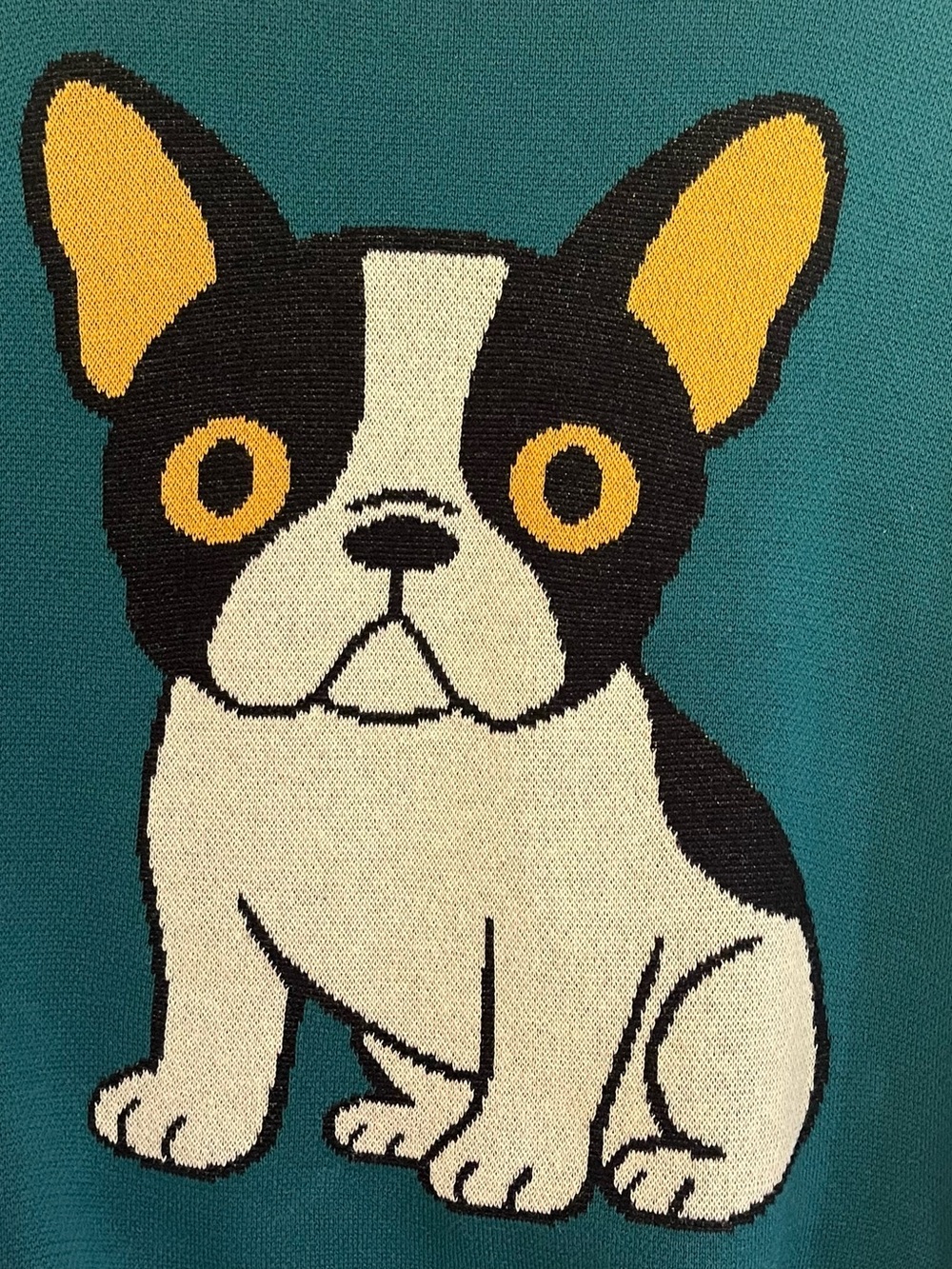 OXKNIT Boston Terrier Knit Sweater Top Size L Teal Short Sleeve Dog Graphic - Picture 2 of 6